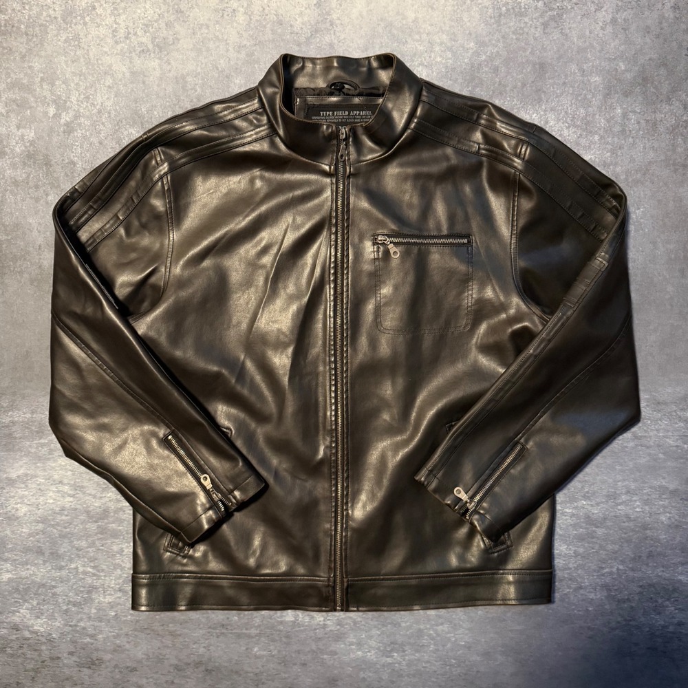 Y2K Machine Type Field Apparel Mens XL Faux Leather Cafe Racer Jacket Brown Moto